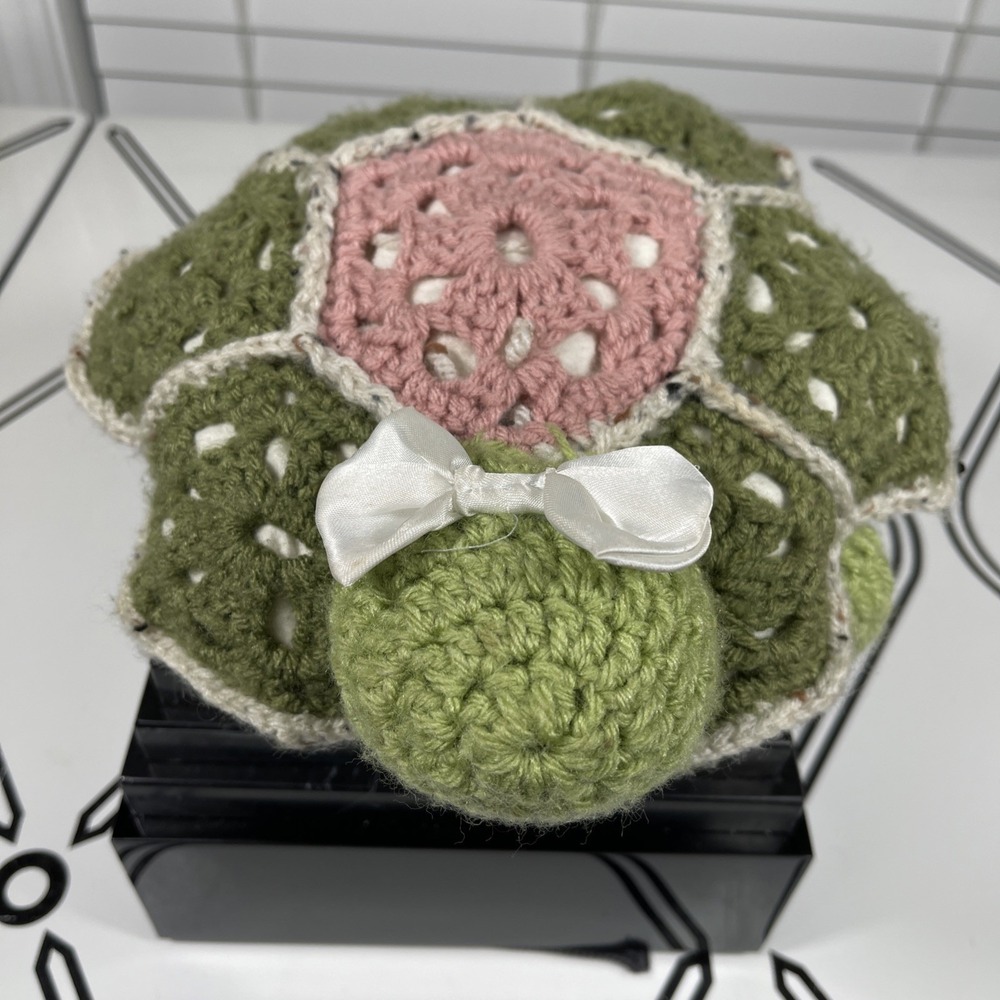 Handmade Crochet African Flower Style Turtle Plushie Green Pink Stuffed Toy
